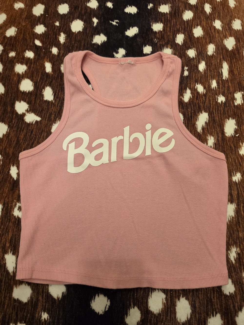 Forever 21 Pink Ribbed Barbie Logo Crop Tank